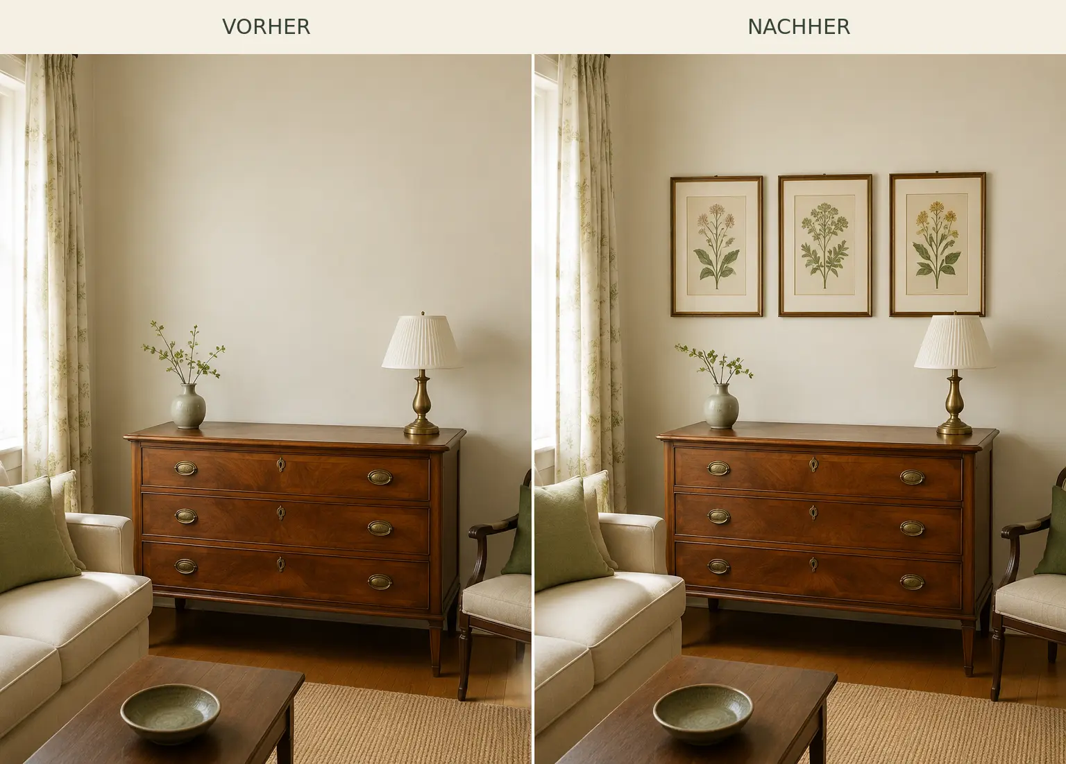 Vorher und nachher: kahle Wand über einer Kommode und ruhige Gruppe aus drei botanischen Bildern