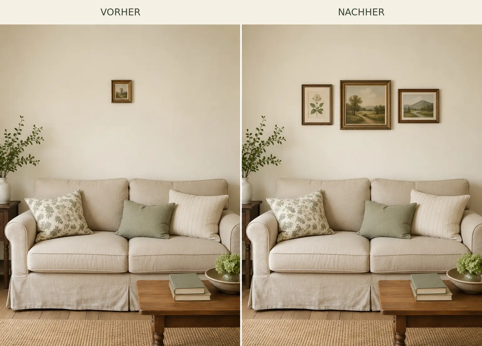 Vorher und nachher: zu kleiner einzelner Rahmen und passende Dreiergruppe über einem Sofa