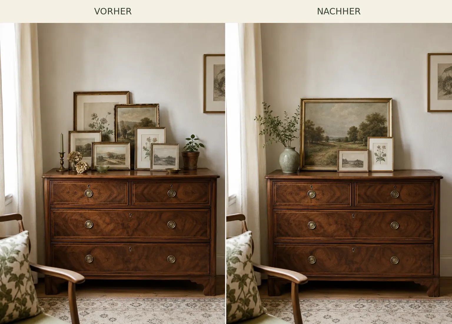 Vorher und nachher: unruhige Ansammlung angelehnter Rahmen und ruhige Gruppe auf einer Kommode