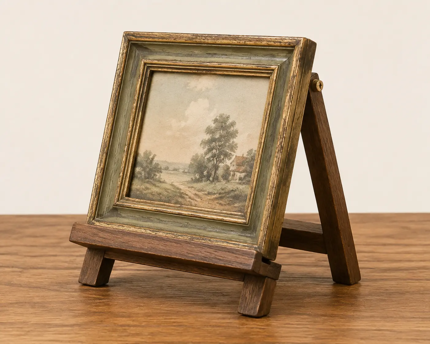 Gerahmtes Vintage-Bild auf einer kleinen Tischstaffelei aus Holz