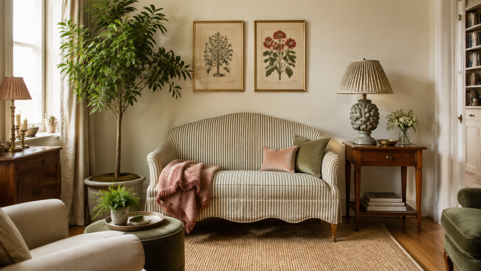Kleines Wohnzimmer im English-Cottage-Stil mit hellem Sofa, botanischen Bildern und warmen Naturfarben