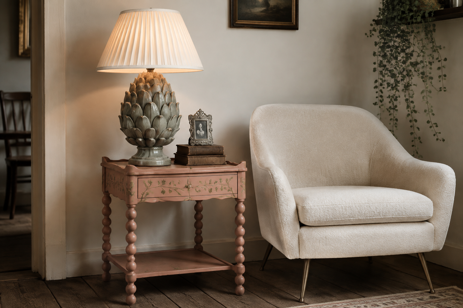 English-Cottage-Ecke mit skulpturaler Artischockenlampe und bemaltem Beistelltisch