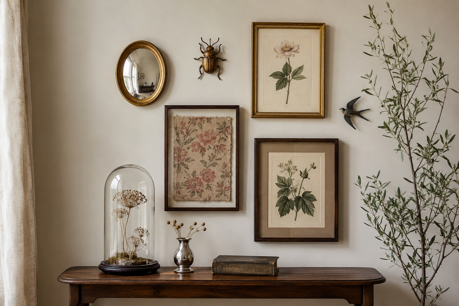 Besondere Cottage-Bilderwand mit gemischten Rahmen, botanischen Motiven und ungewöhnlichen Fundstücken
