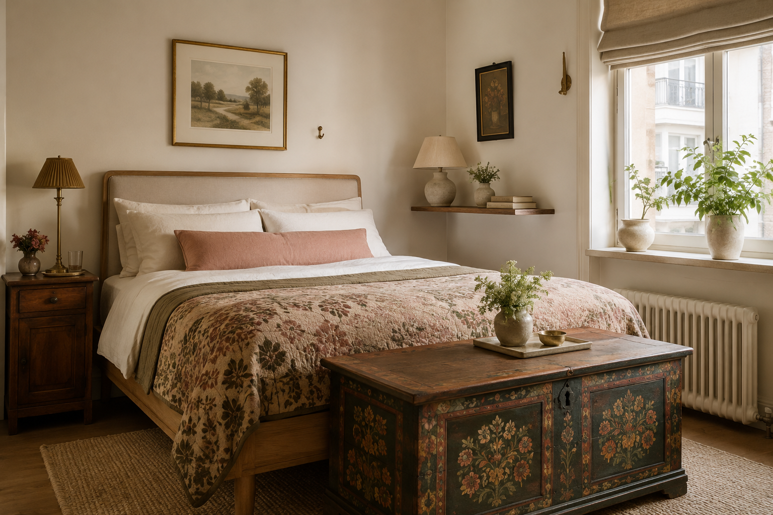 Kleines English Cottage Schlafzimmer mit botanischer Tagesdecke und bemalter Vintage-Truhe
