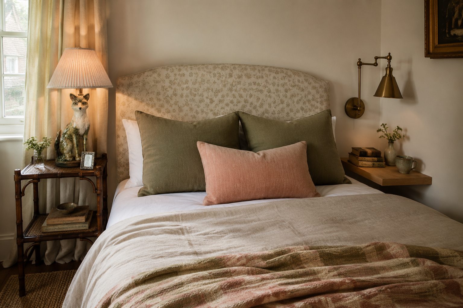 English Cottage Bett mit Bambus-Nachttisch, Fuchs-Keramikleuchte und schwebendem Wandboard