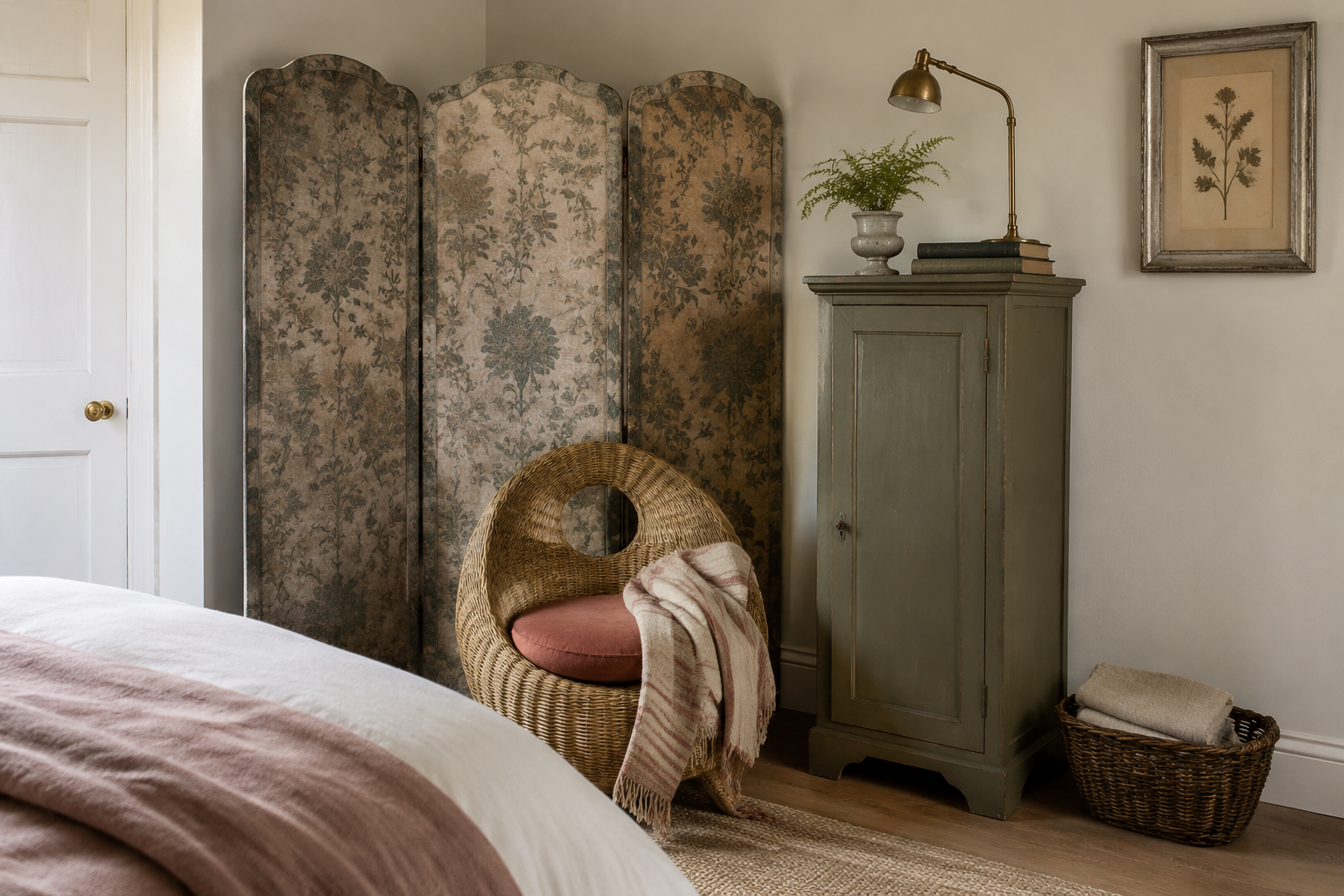 Botanischer Paravent mit olivgrünem Vintage-Schrank, Rattansessel und rosafarbenen Textilien