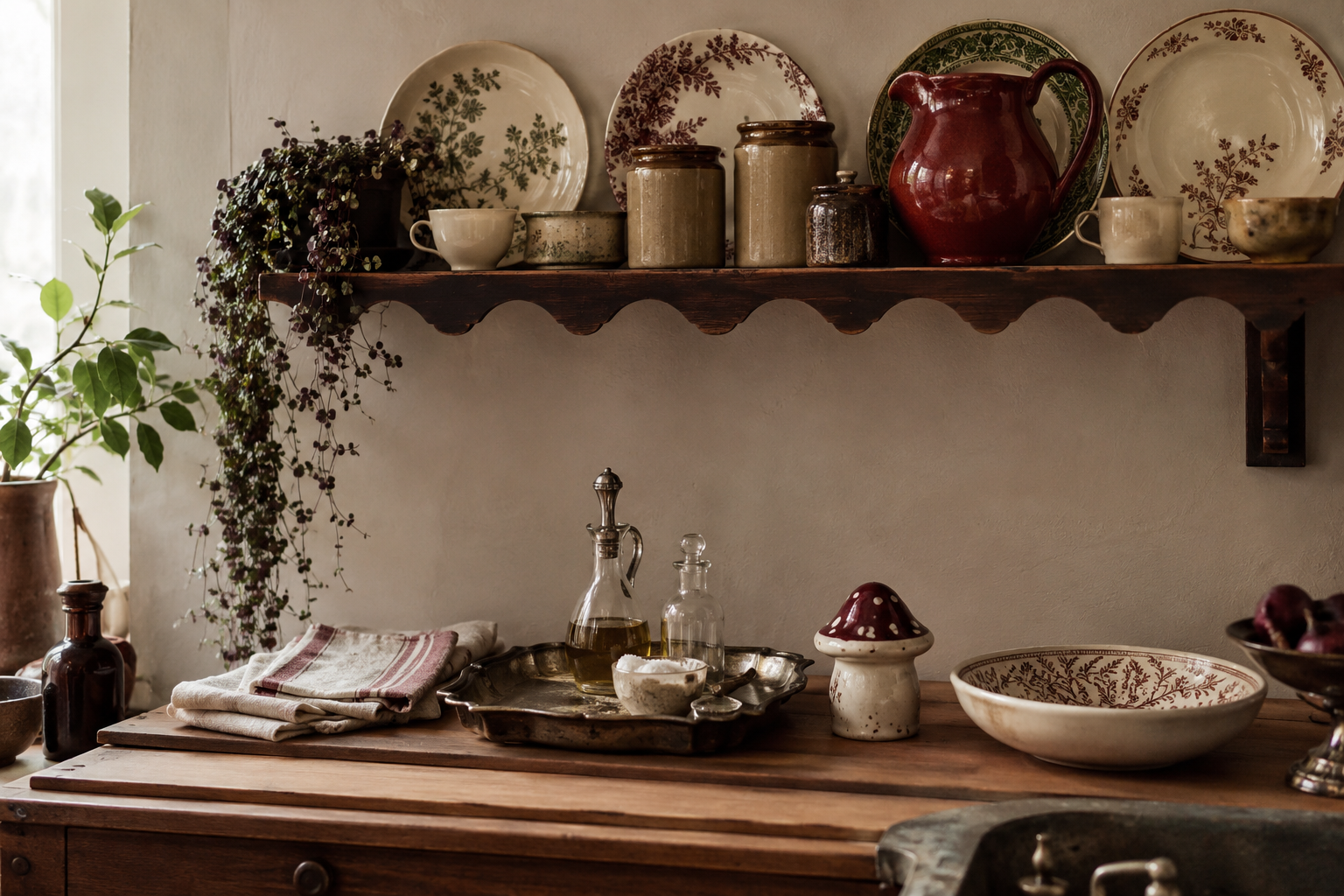 Florales Vintage-Geschirr, Keramikgefäße und altes Metalltablett auf einer Küchenanrichte