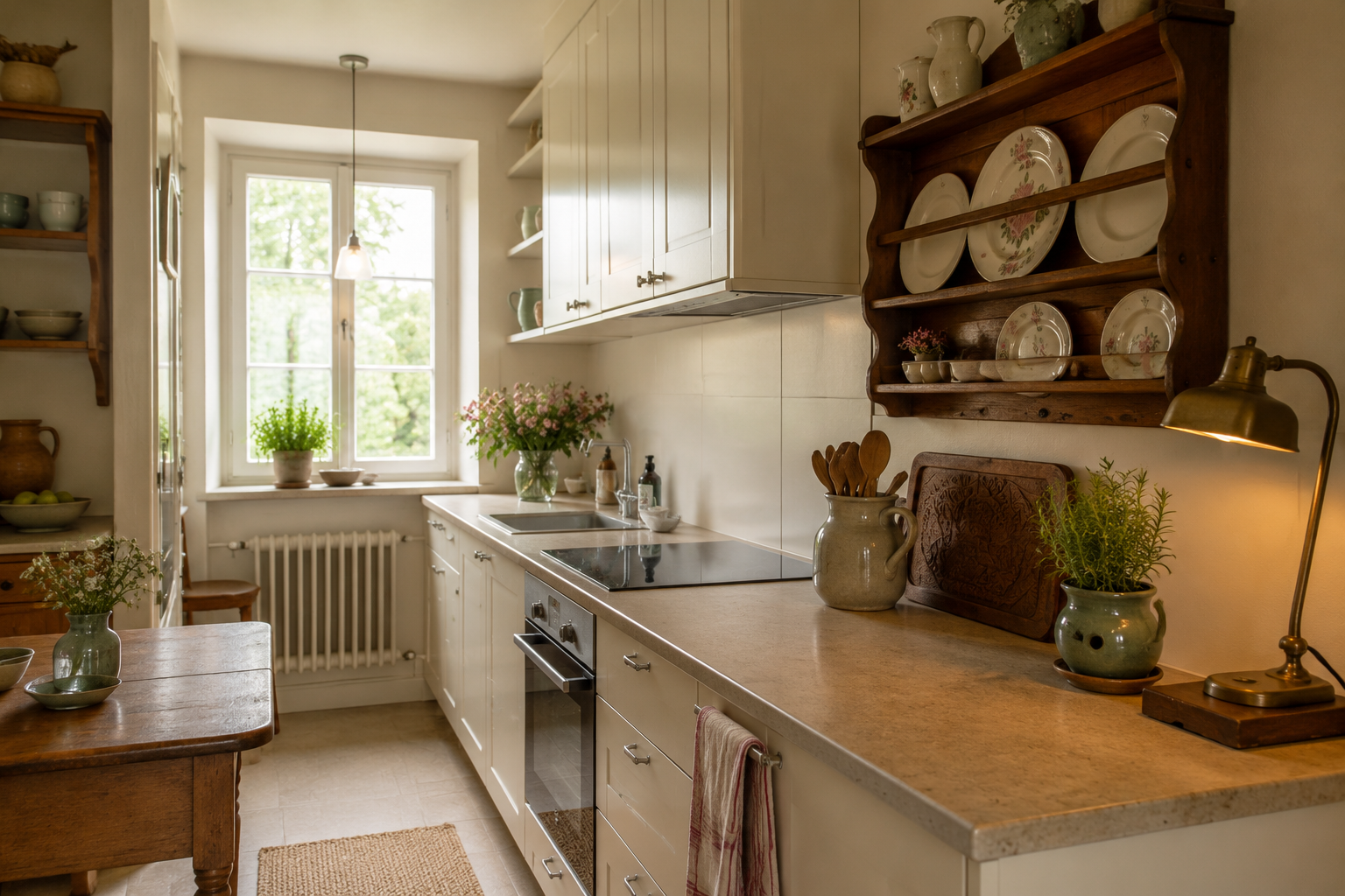 Wohnliche Vintage-Küche mit Tellerregal, Holztisch und Messinglampe