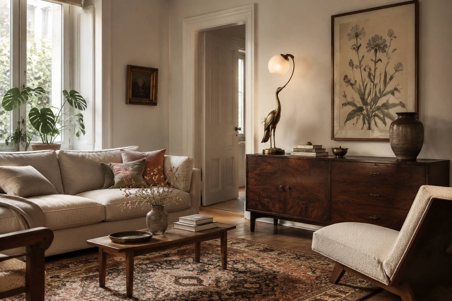 Wohnzimmer mit modernem Sofa, Vintage-Teppich, botanischem Bild und antiker Vogel-Leuchte