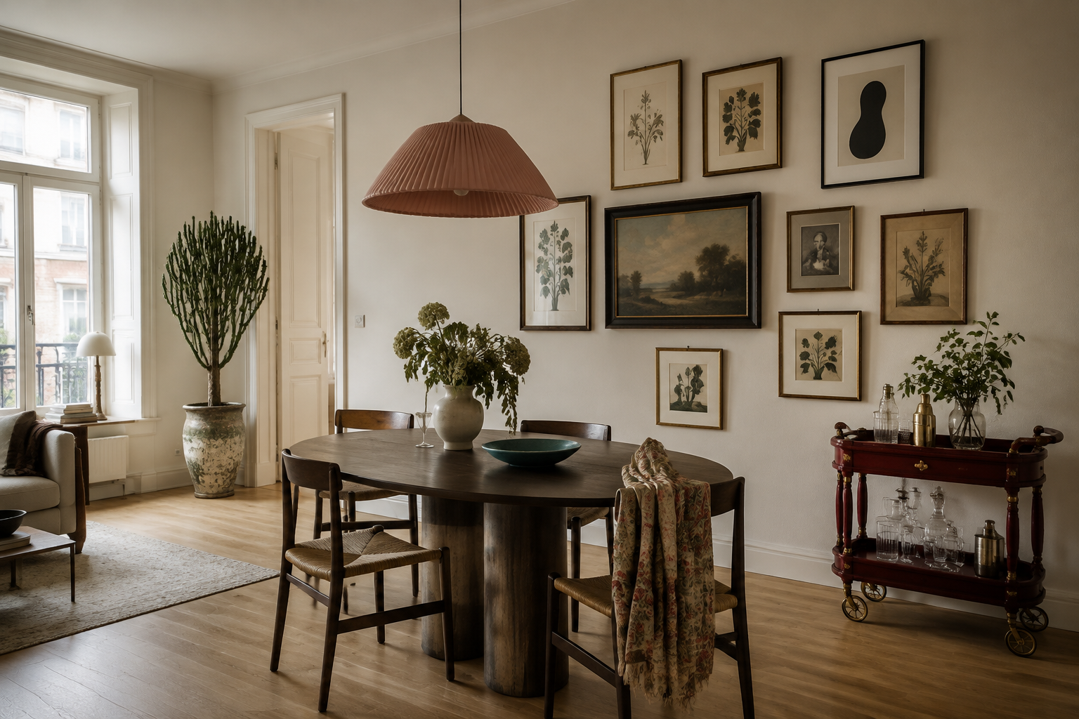 Essbereich mit moderner Pendelleuchte, gemischter Vintage-Bilderwand, großer Pflanze und rotem Barwagen