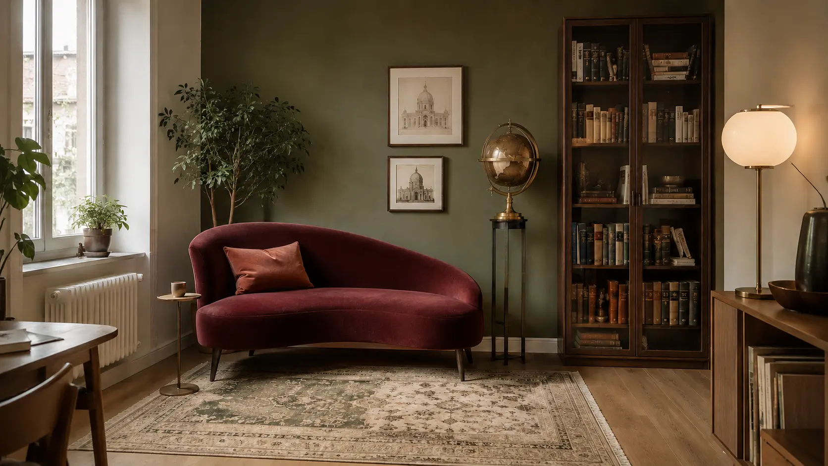 Kleines Wohnzimmer im Dark-Academia-Stil mit burgunderfarbenem Sofa, Bücherregal, Globus und warmem Licht