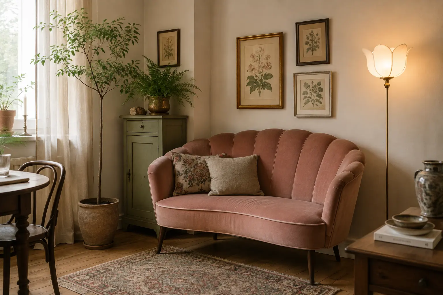 Kleines botanisch-romantisches Wohnzimmer mit altrosa Sofa, Pflanzen, botanischen Bildern und warmer Leuchte