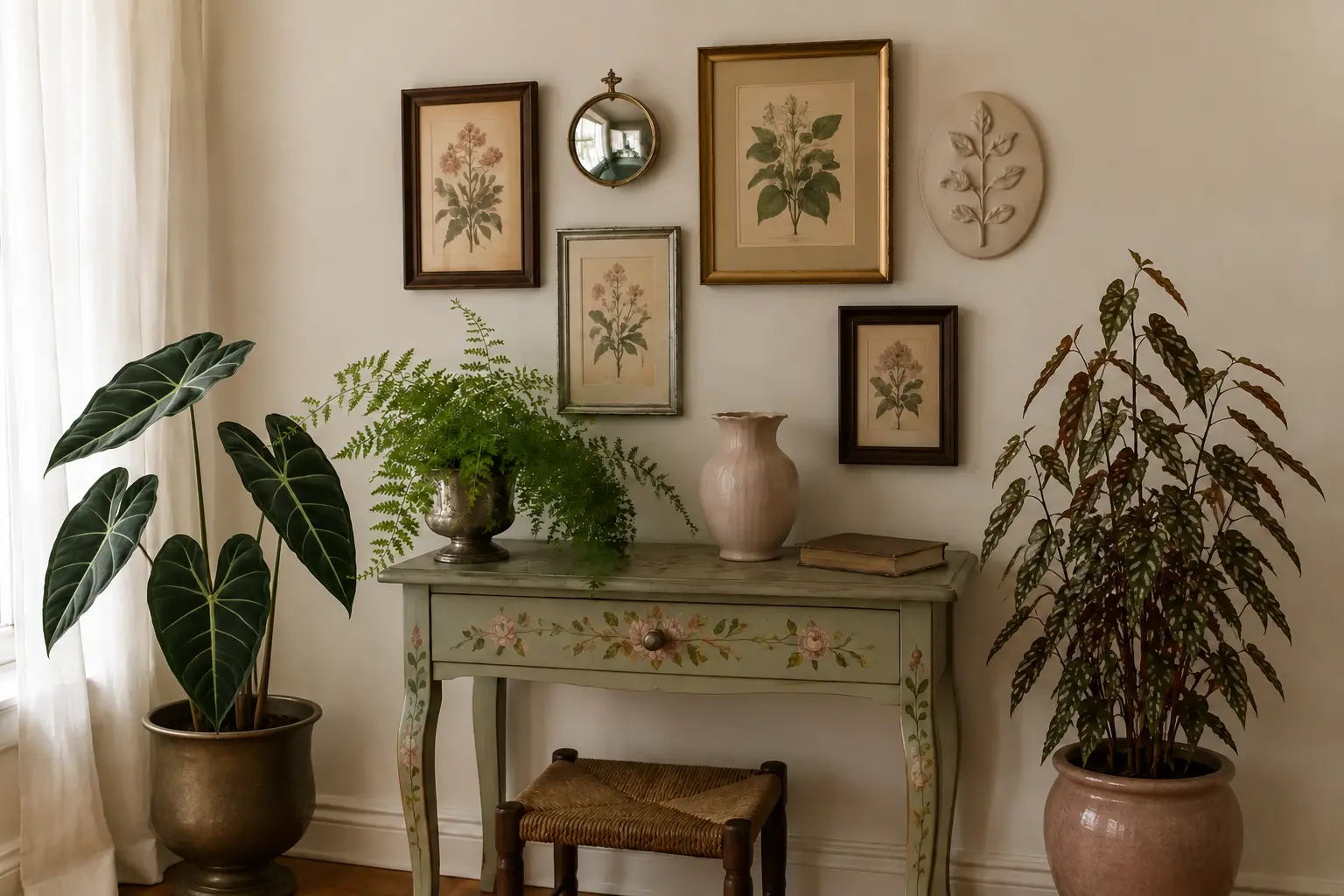 Botanische Bilderwand über einem bemalten Pflanzentisch mit Farn und außergewöhnlichen Zimmerpflanzen