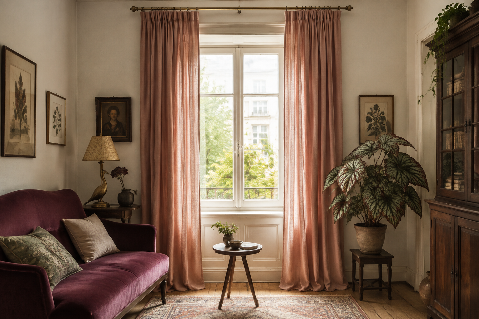Kleines Wohnzimmer mit bodenlangen altrosa Vorhängen, Vintage-Sofa und botanischen Details