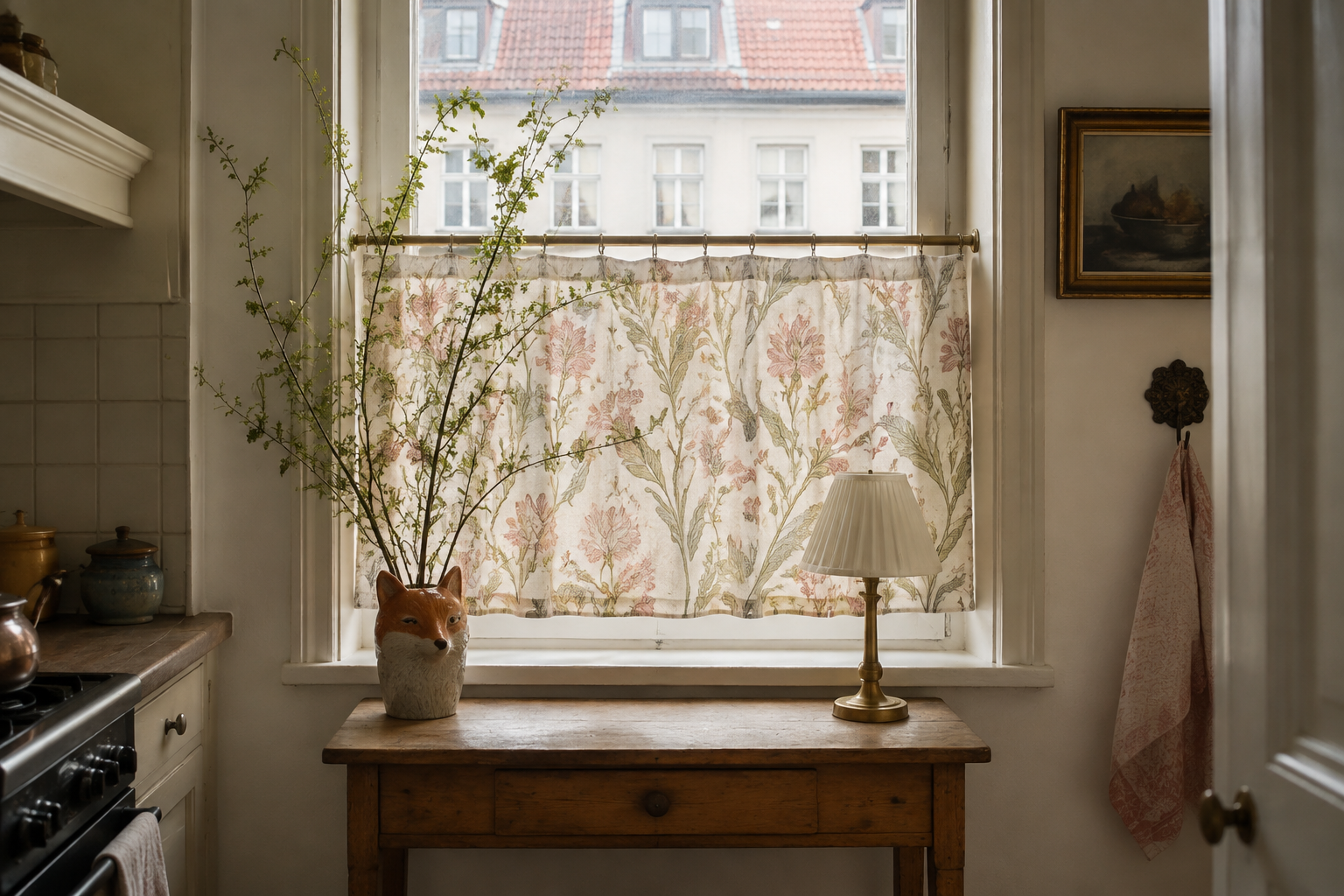 Botanisch gemusterte Café-Gardine in einer kleinen Mietküche