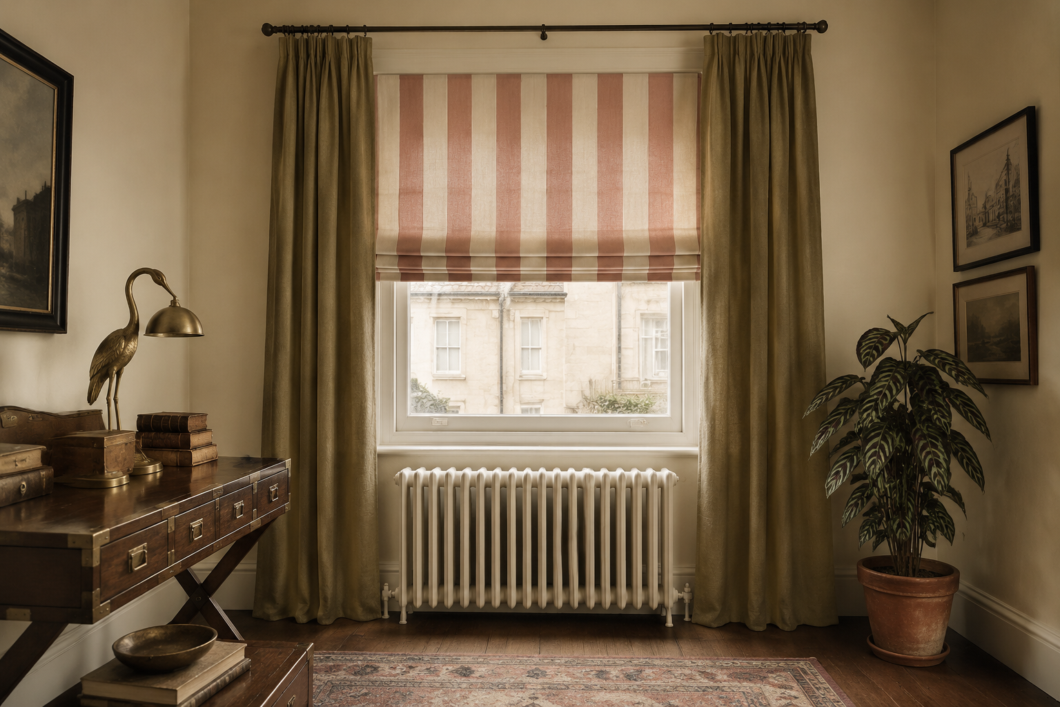 Kleines Wohnzimmer mit Rollo, seitlichen Vorhängen und freiem Heizkörper