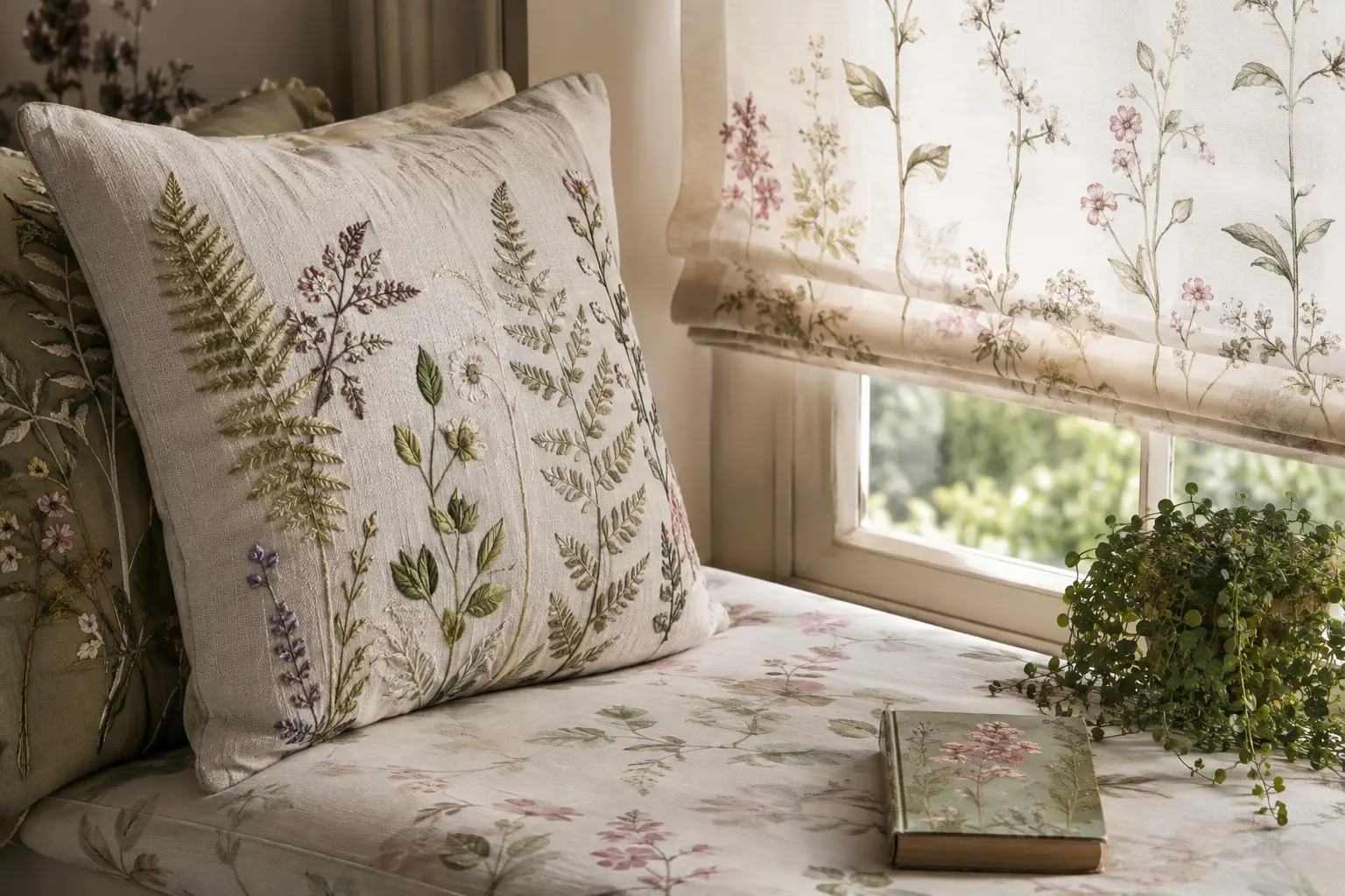 Botanische Dekoration mit Pflanzen, Leuchte und Naturmotiven