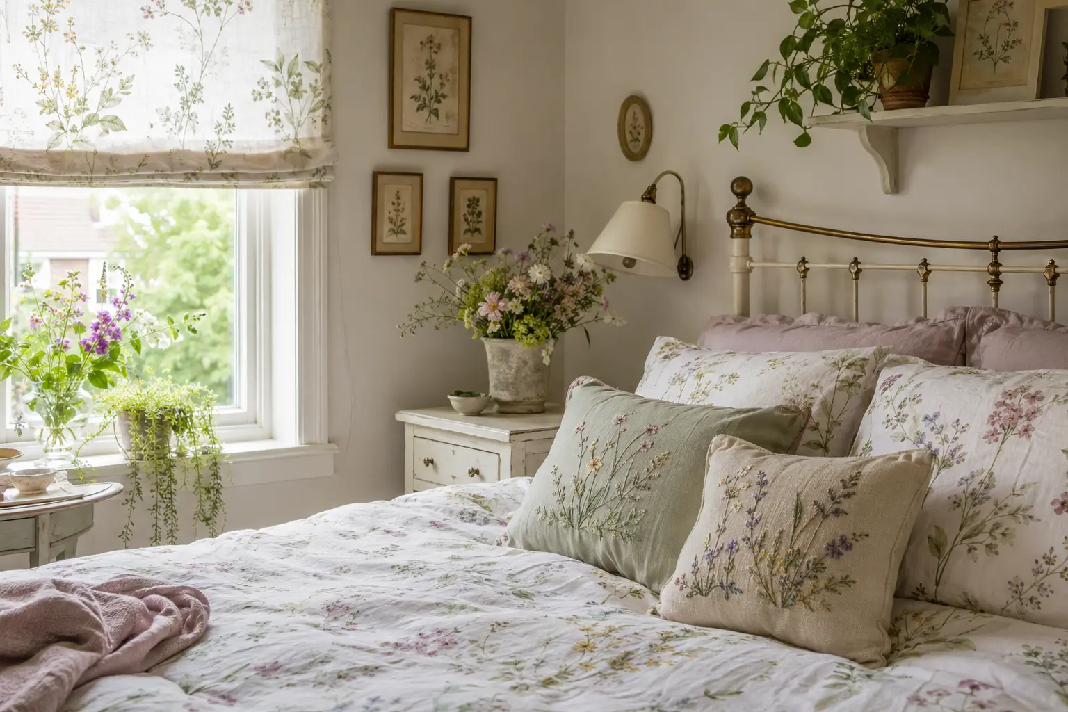 Botanisch-romantisches Schlafzimmer in ruhigen Farben