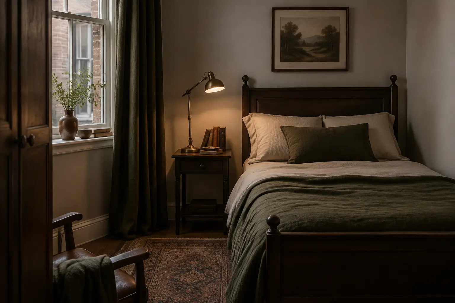 Kleines Schlafzimmer im Dark-Academia-und-Old-World-Stil
