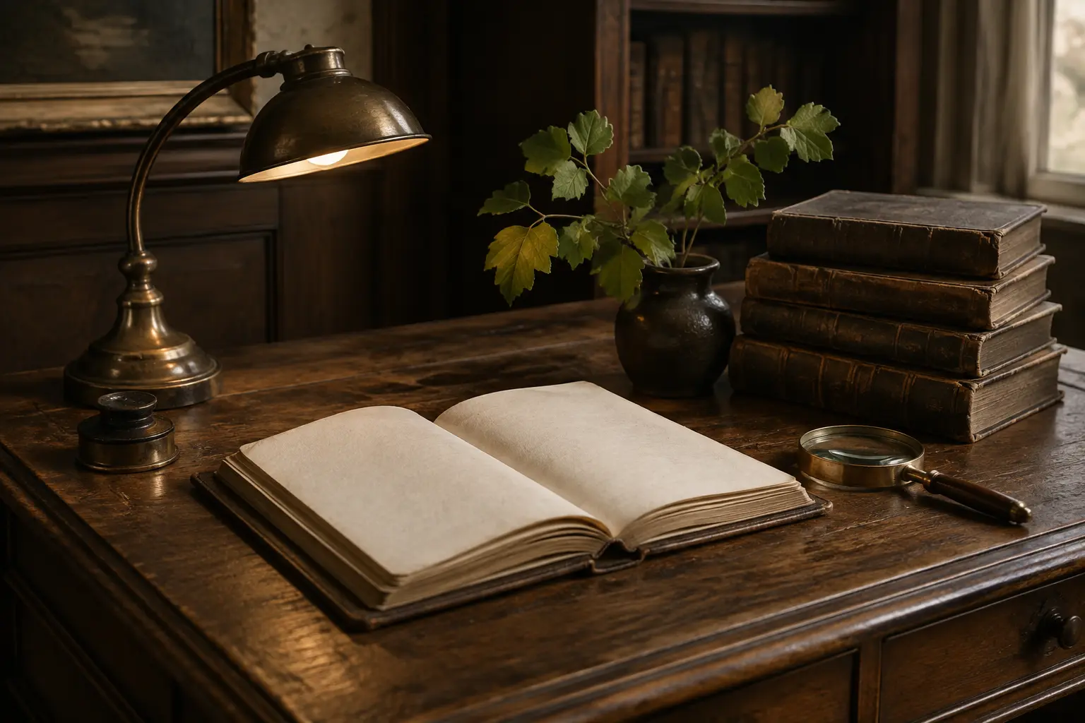 Dark-Academia-Schreibtisch mit Messingleuchte und alten Büchern