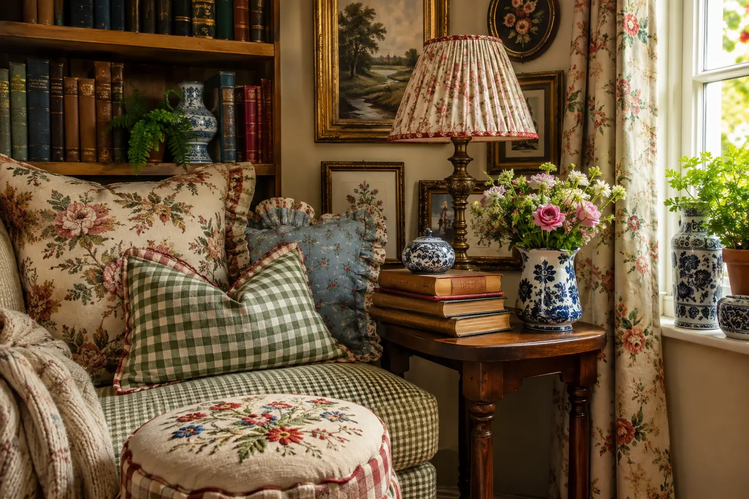 English-Cottage-Detail mit Blumen, Büchern und Vintage-Leuchte
