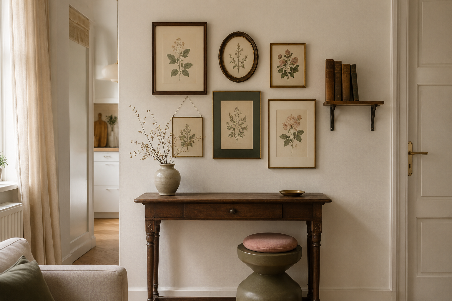 Botanische Bilderwand über einer schmalen Vintage-Konsole in einer kleinen Wohnung
