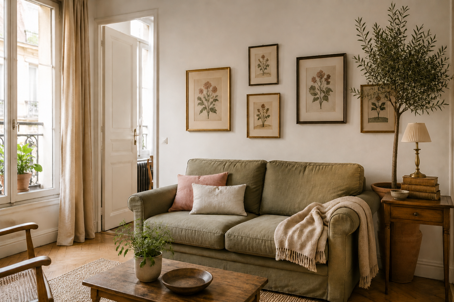 Kleines Wohnzimmer im modernen Vintage-Stil mit grünem Sofa, botanischen Wandbildern und großer Zimmerpflanze