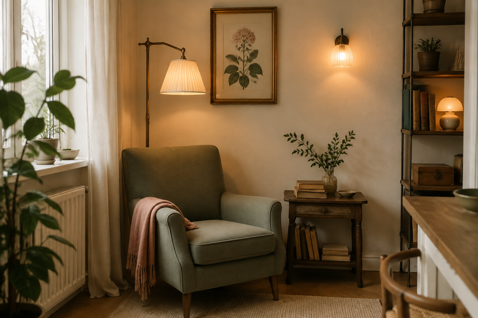 Kleine Vintage-Leseecke mit Sessel, warmen Leuchten, Büchern und Zimmerpflanzen