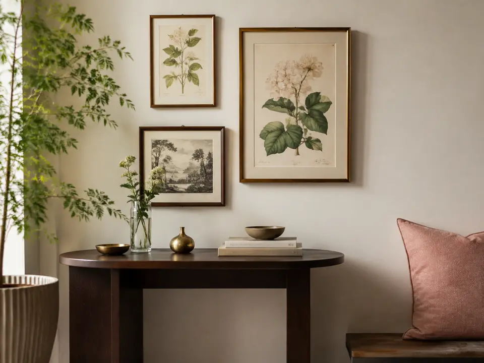 Botanische Bilderwand über einer dunklen Holzkonsole mit Pflanze und altrosa Kissen