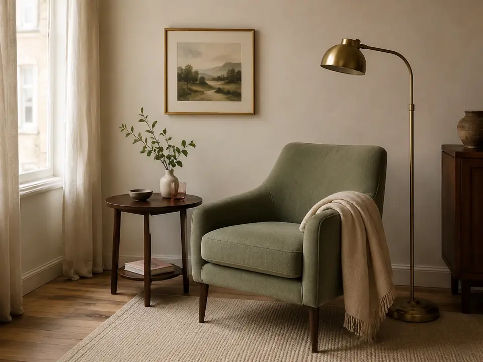 Modern eingerichtete Leseecke mit salbeigrünem Sessel, Holztisch und Messinglampe