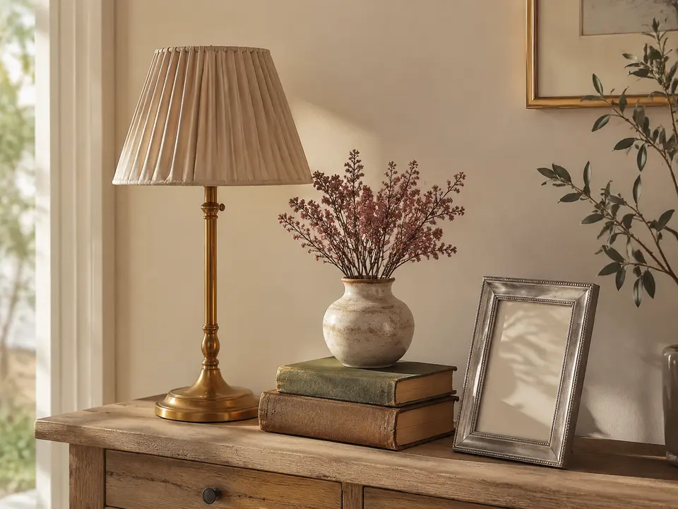 Vintage-Details mit Messinglampe, alten Büchern, Keramikvase und silbernem Bilderrahmen
