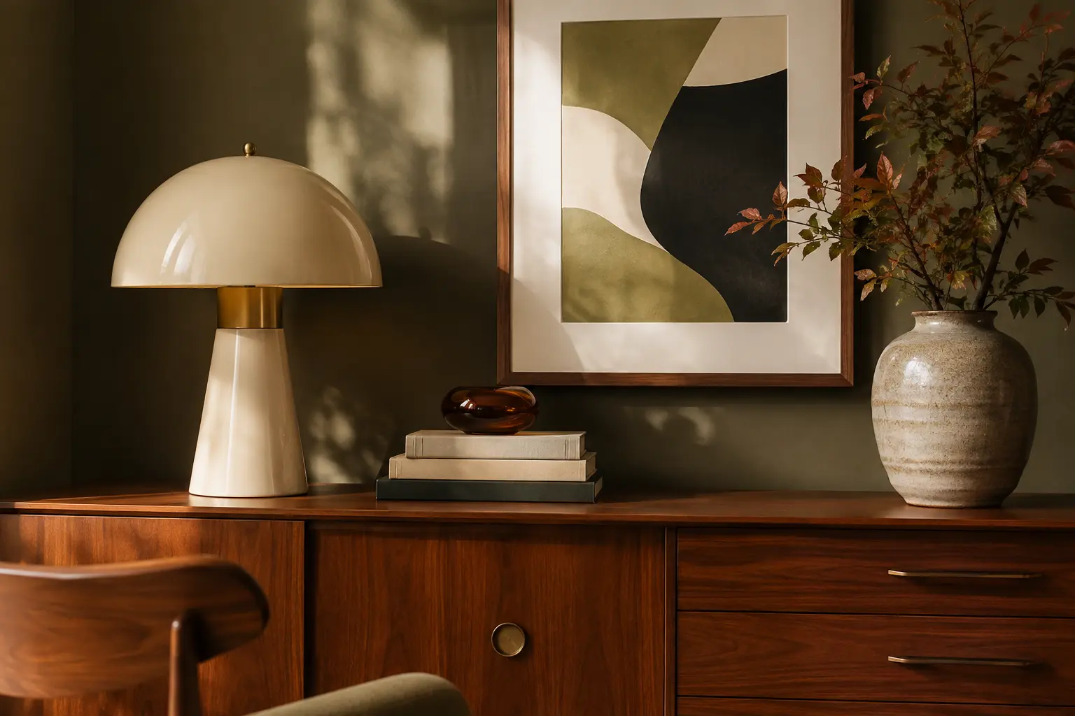 Mid-Century-Sideboard mit Leuchte, Keramik und abstrakter Kunst