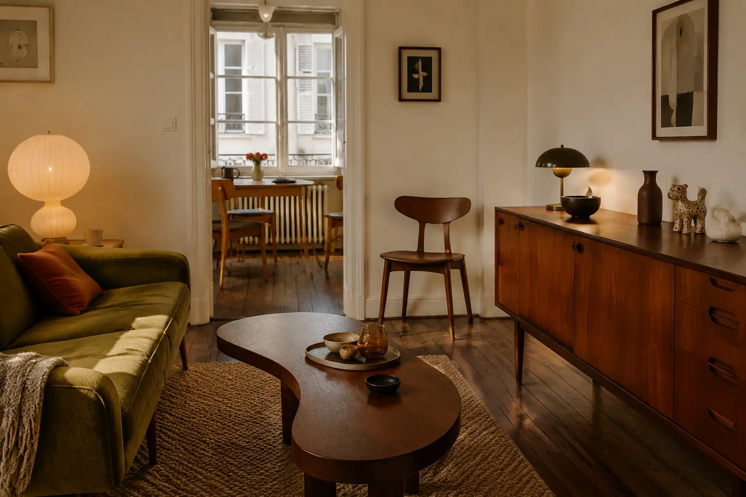 Kleines Wohnzimmer im Mid-Century-Vintage-Stil