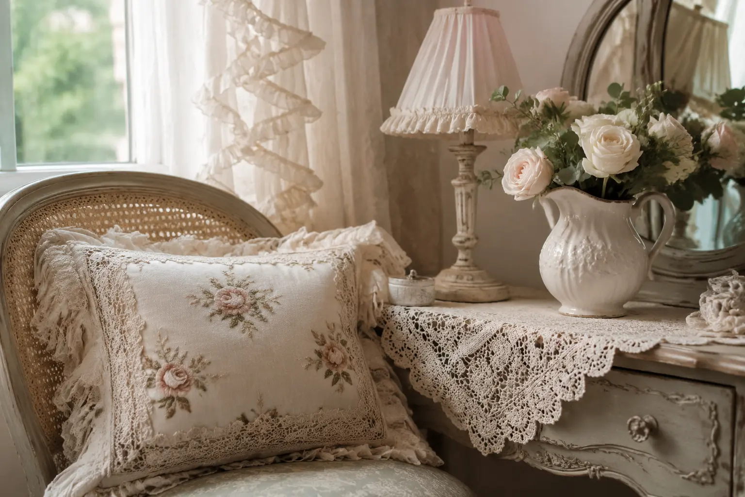 Shabby-Chic-Detail mit Spitze, Rosenstickerei, Keramik und Möbeln mit Patina