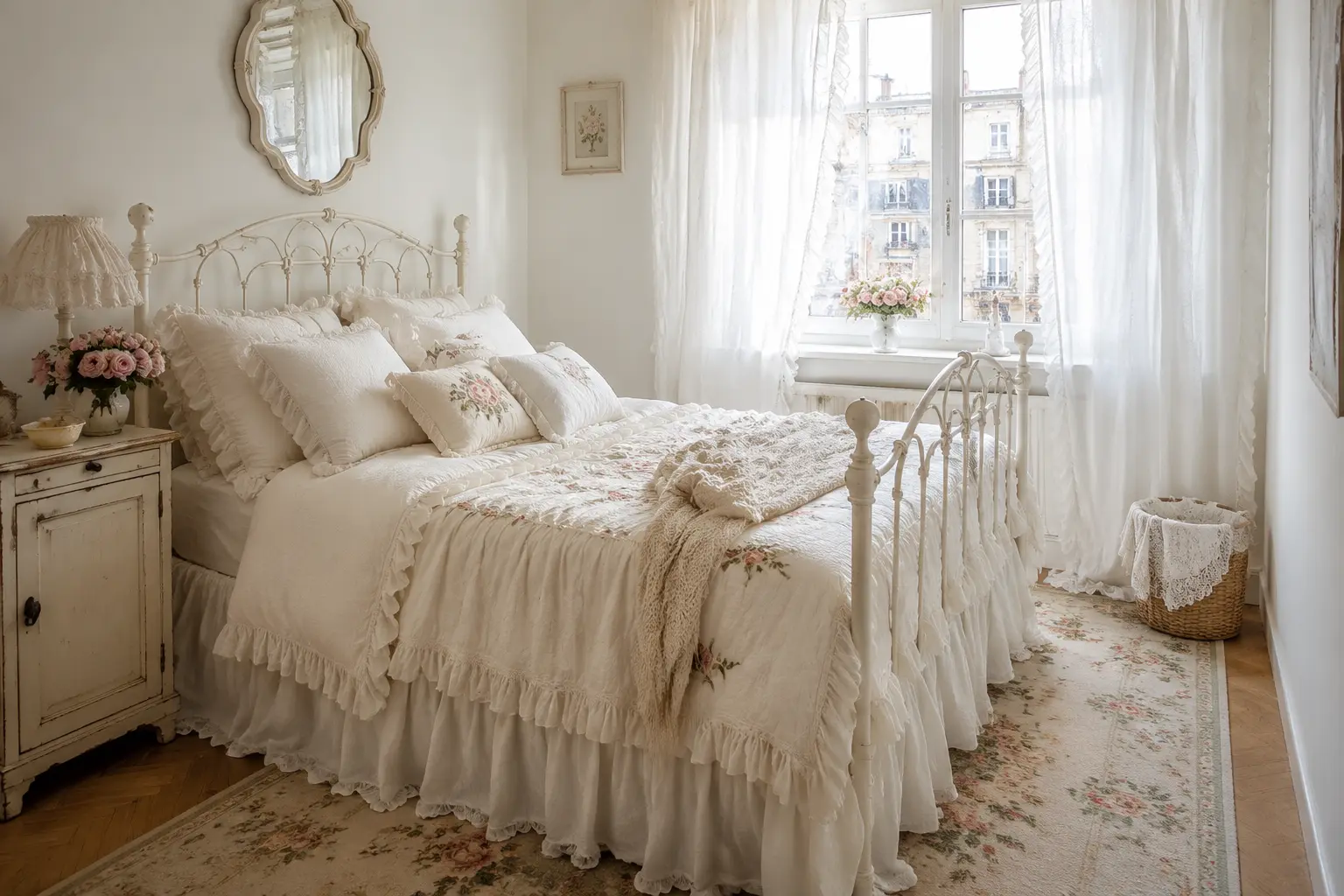 Kleines Shabby-Chic-Schlafzimmer in Creme und Salbeigrün