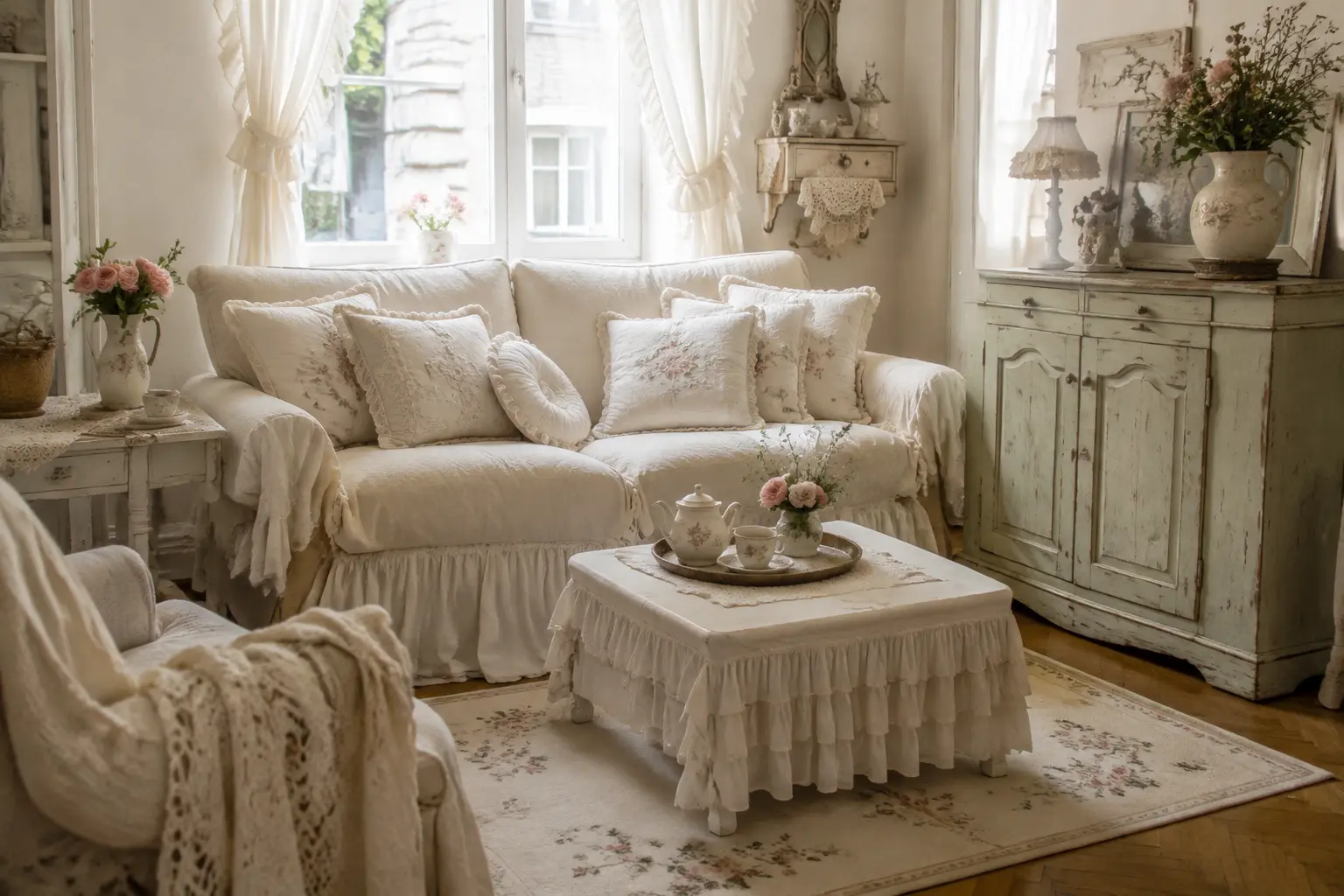 Kleines Wohnzimmer im klassischen, verspielten Shabby Chic