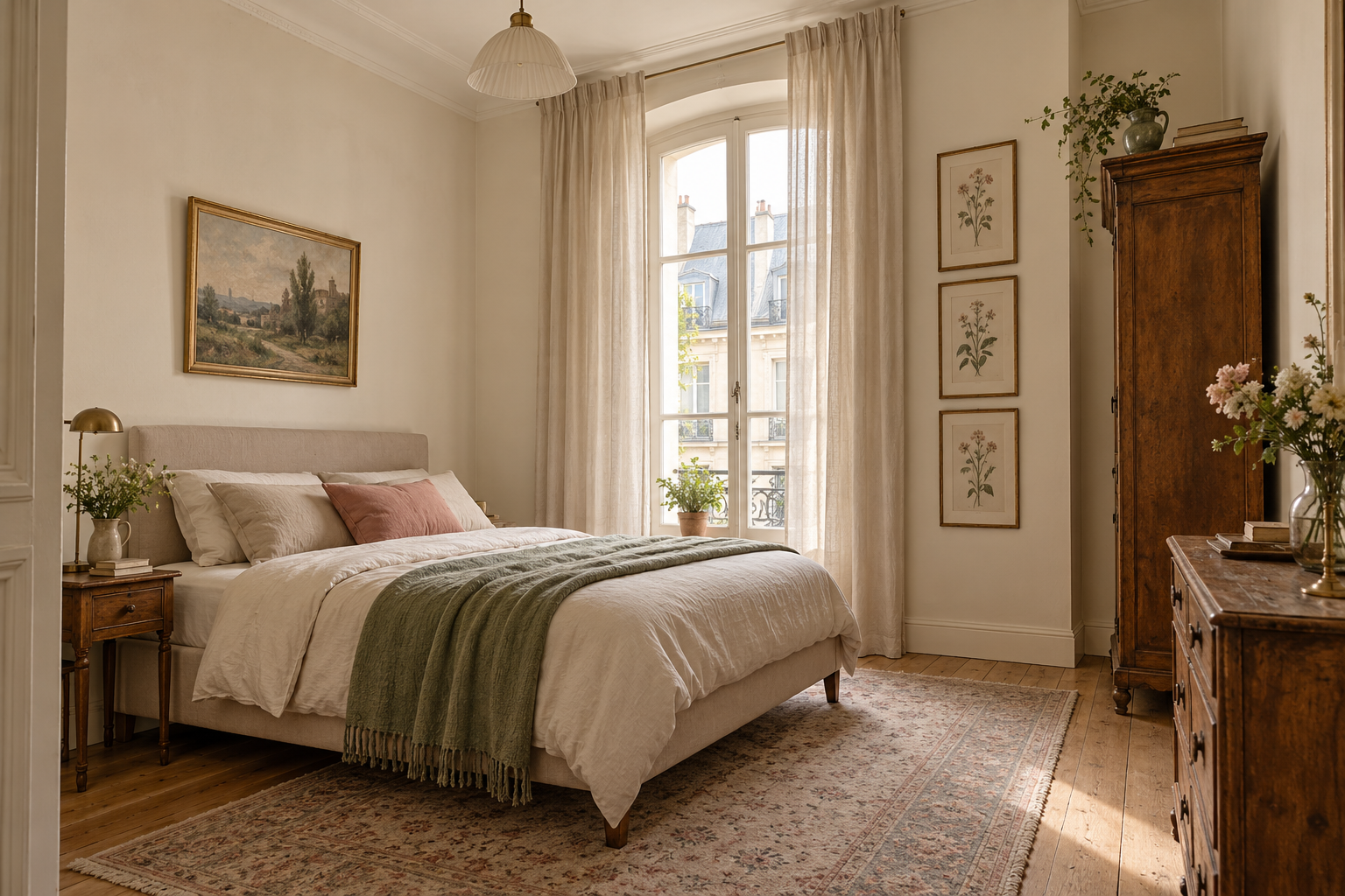 Kleines Vintage-Schlafzimmer mit heller Farbpalette, bodenlangen Vorhängen und hohen Möbeln