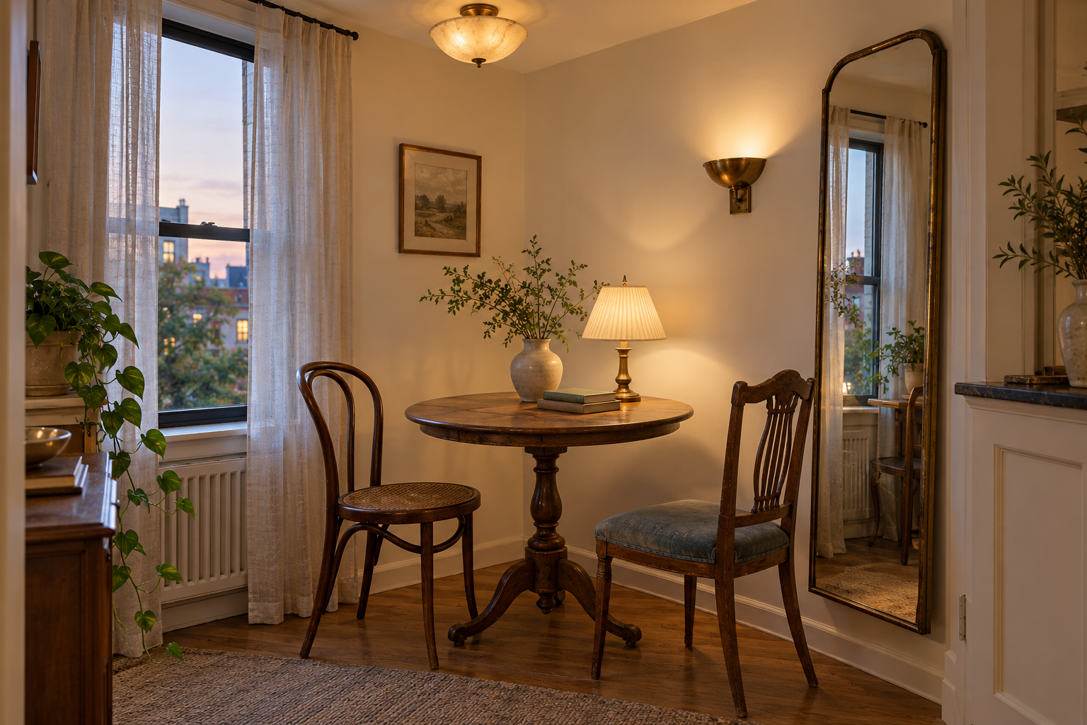 Kleine Vintage-Essecke mit Deckenleuchte, Wandlampe, Tischleuchte und großem Spiegel