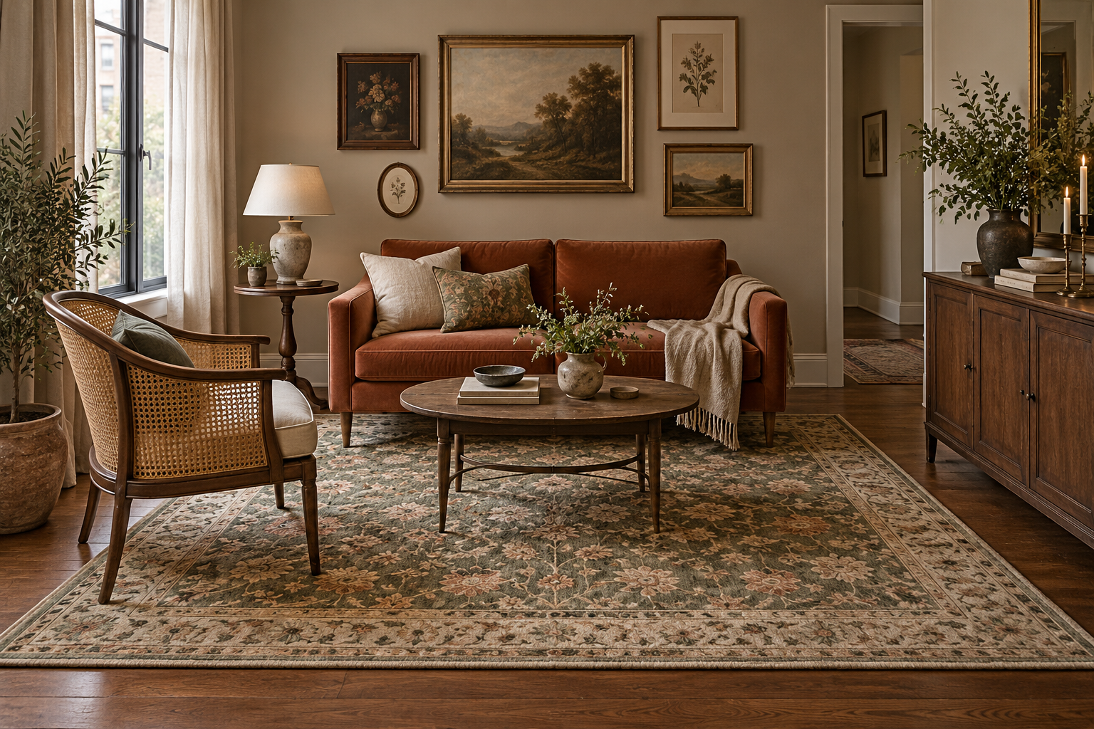 Kleines Vintage-Wohnzimmer mit großem Teppich, Sofa auf schlanken Beinen und ruhiger Bildergruppe