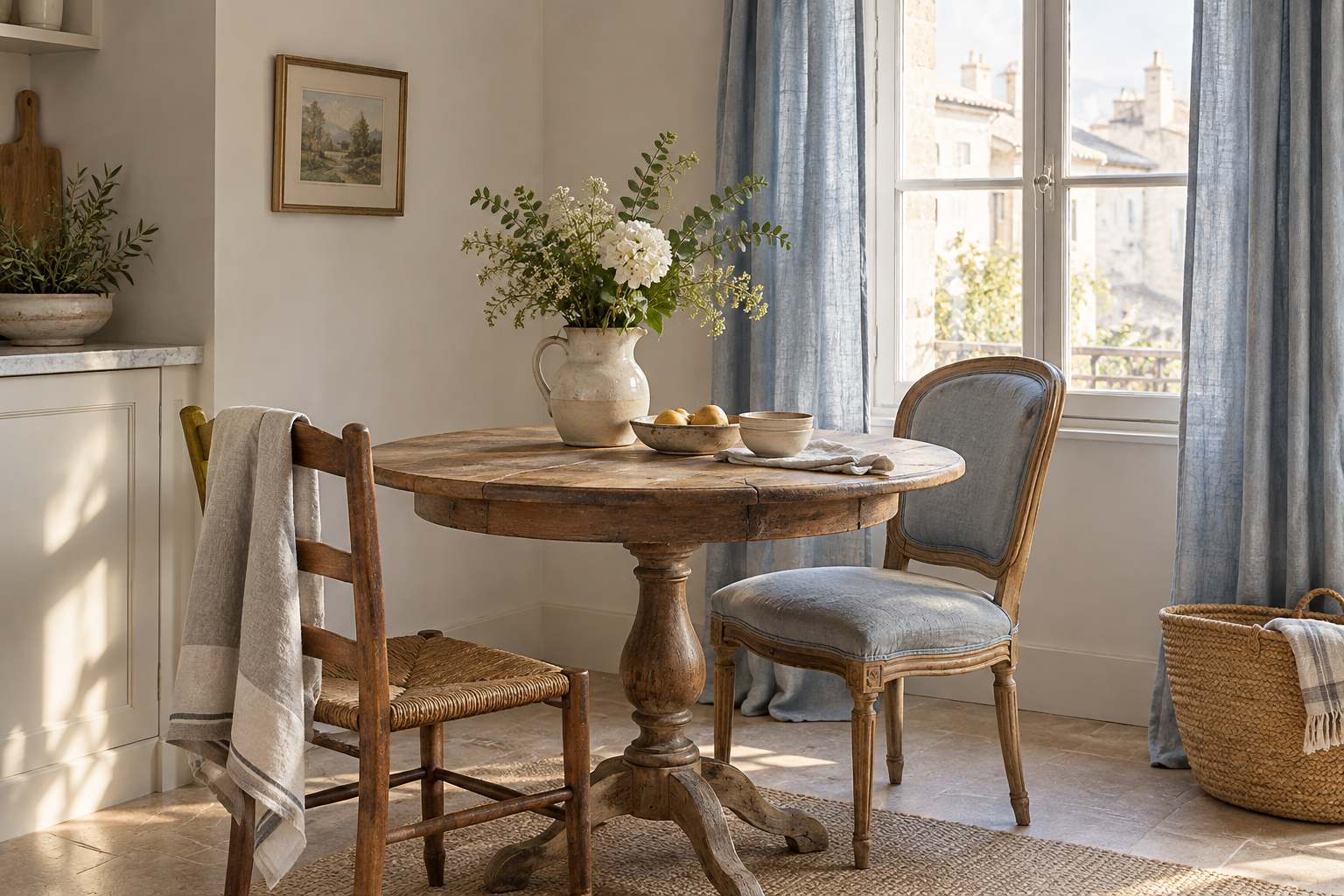 Kleine Essecke im französischen Landhausstil mit rundem Holztisch, zwei Stühlen und blauen Leinenvorhängen