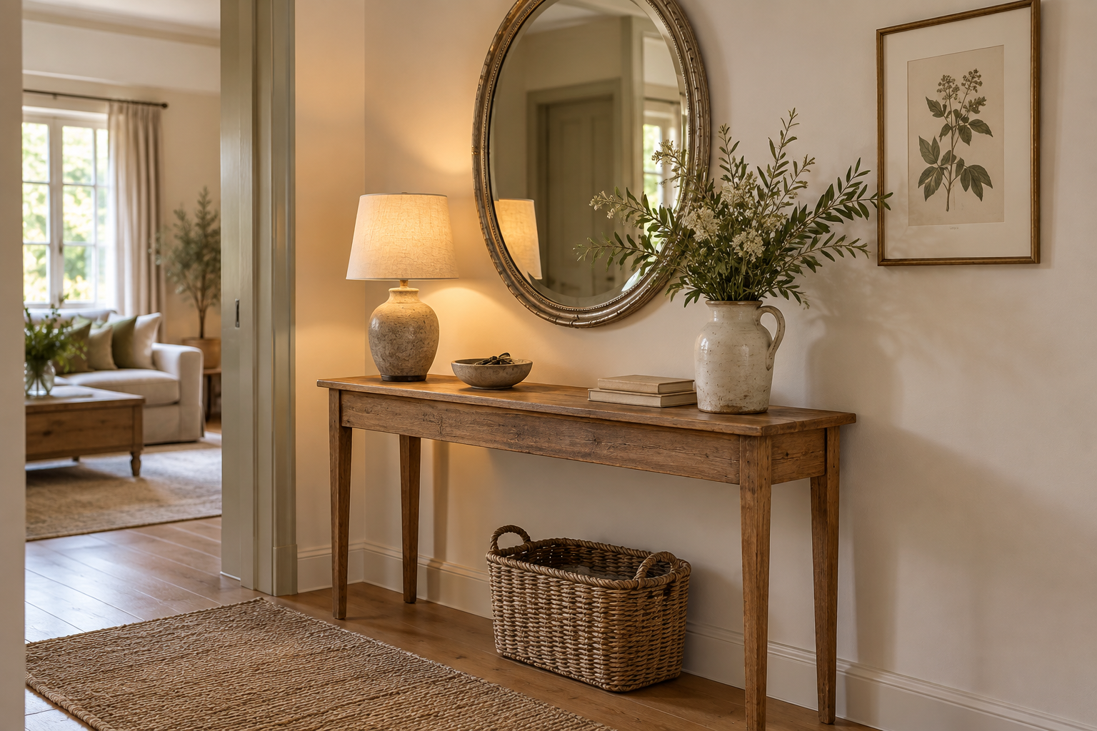 Kleines Schlafzimmer im französischen Landhausstil mit Leinenbettwäsche, bodenlangen Vorhängen und hohem Spiegel