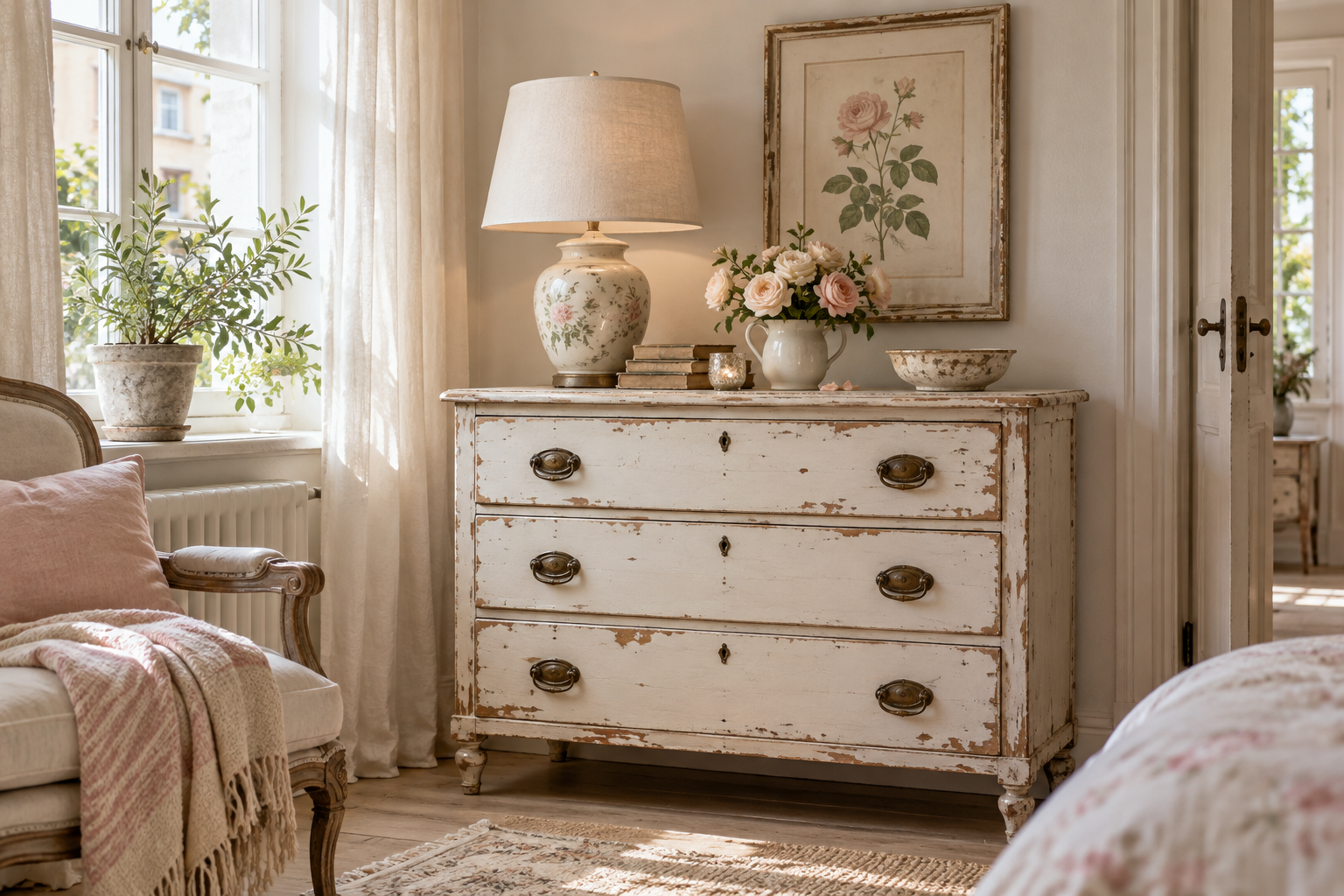 Kleines Wohnzimmer im modernen Shabby Chic mit weißer Vitrine, Patina und Pastelltönen
