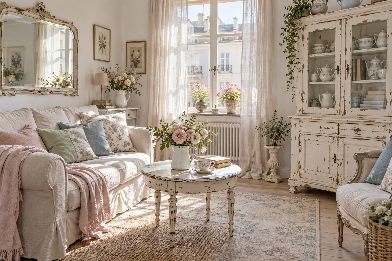 Weiße Vintage-Kommode mit sichtbarer Patina, Rosen und Keramik im Shabby Chic
