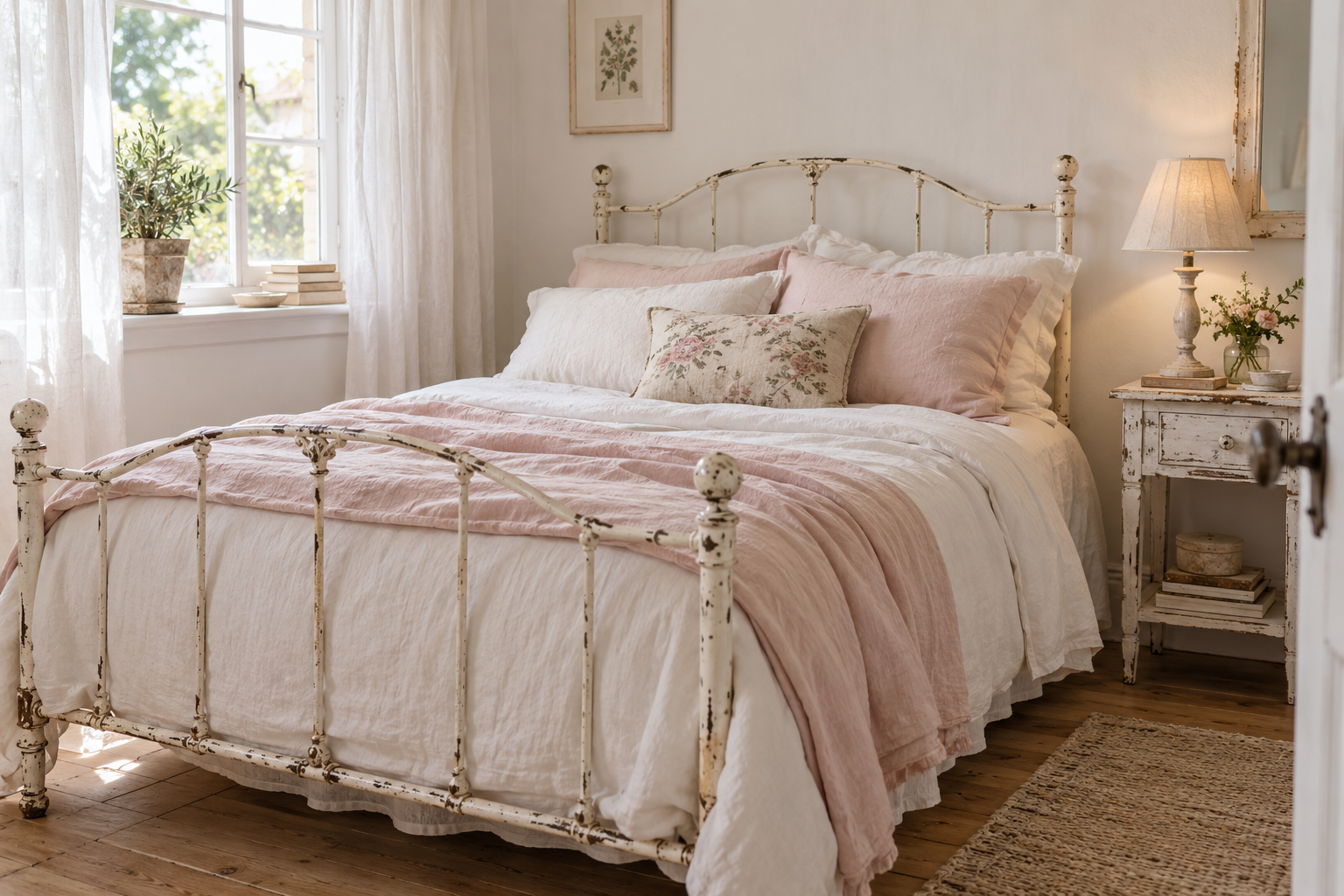 Kleines Schlafzimmer im Shabby Chic mit weißem Metallbett und rosafarbenen Leinentextilien