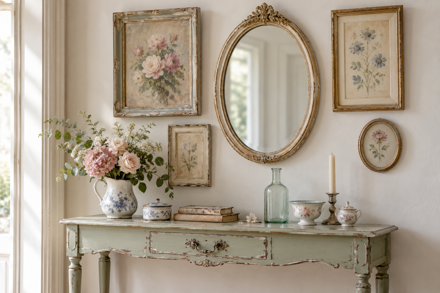 Shabby-Chic-Wandgestaltung mit Vintage-Rahmen, Spiegel und pastellgrüner Konsole