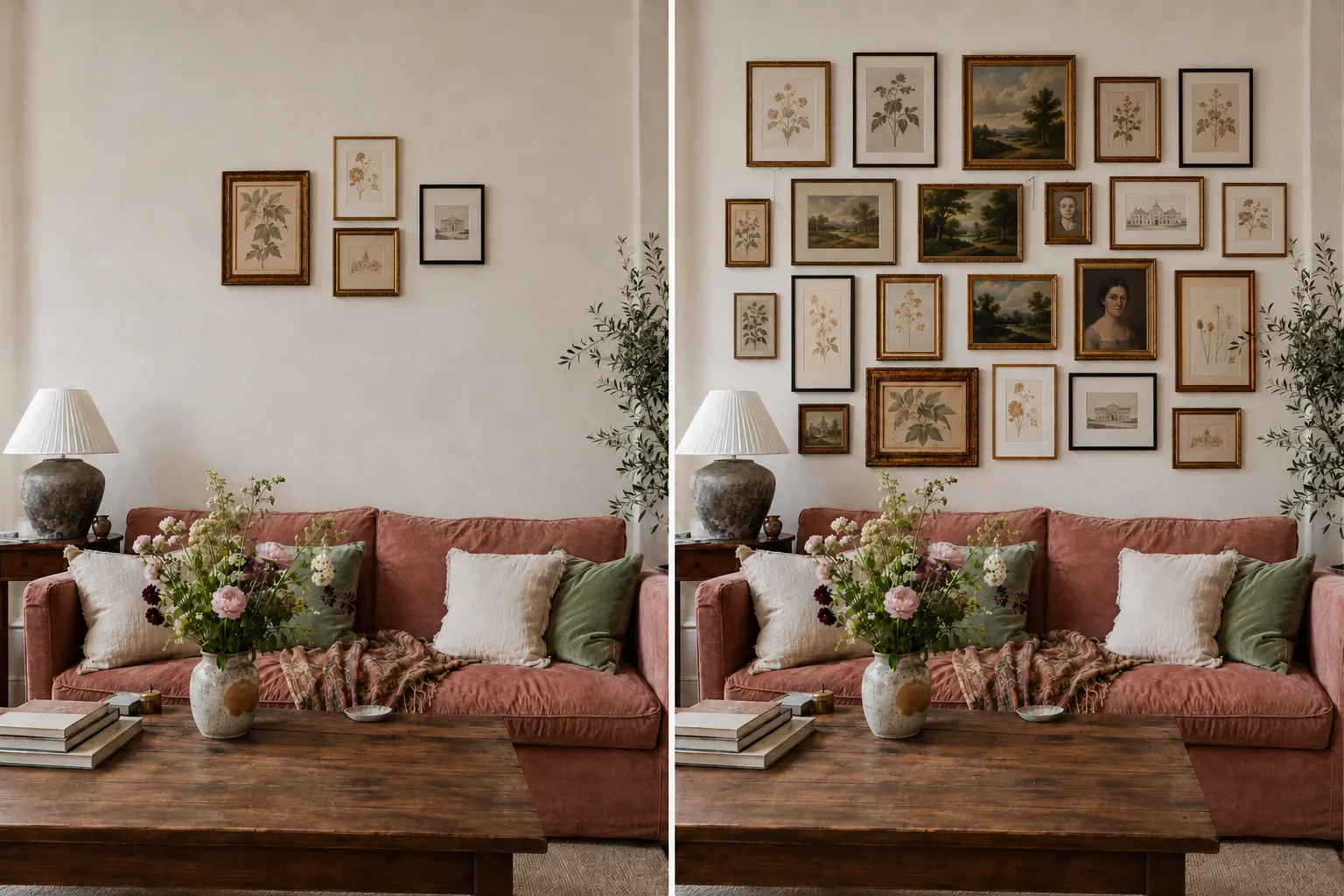 Vergleich einer zu kleinen und einer passend breiten Bilderwand über demselben Sofa