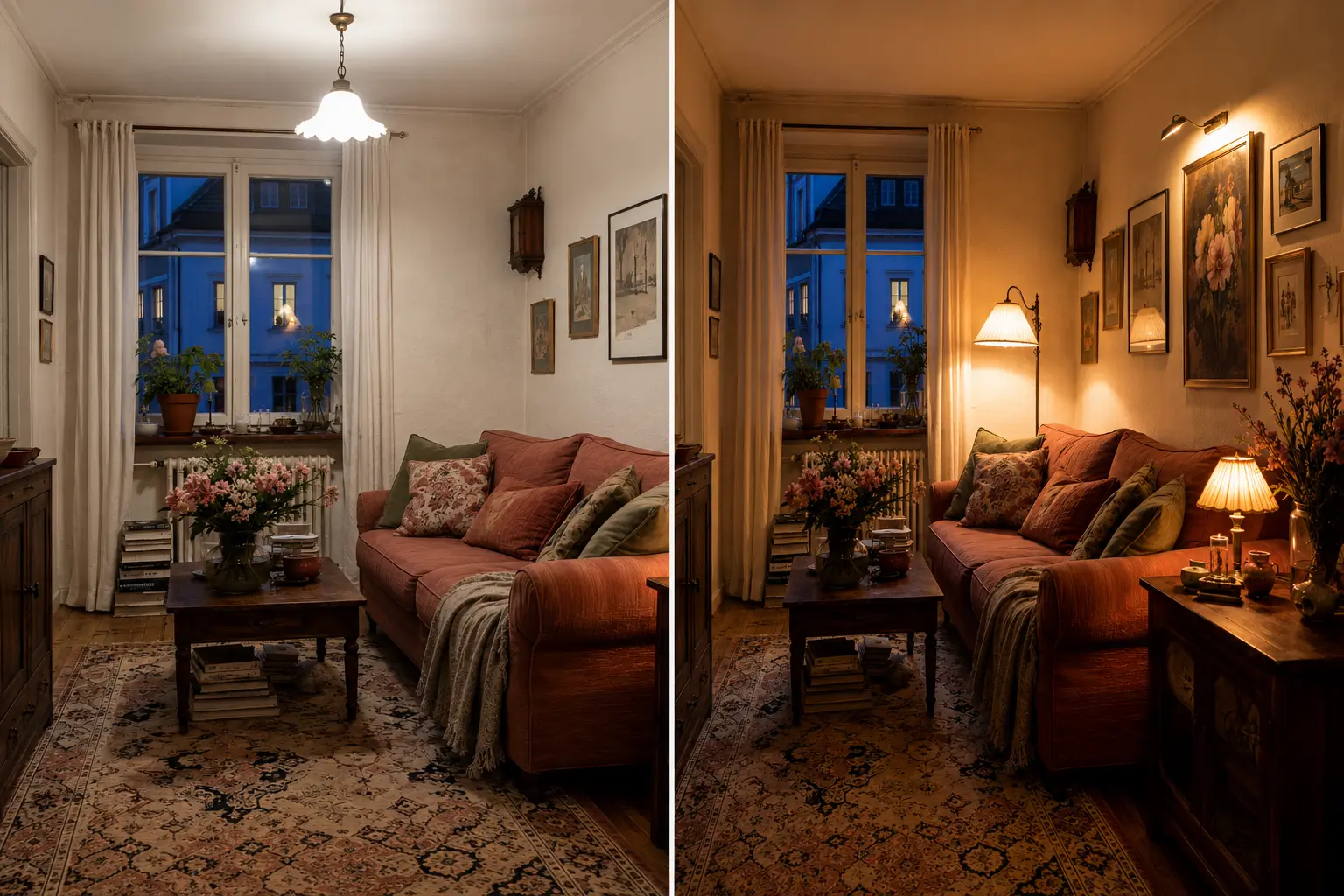 Vergleich zwischen einer einzelnen Deckenleuchte und mehreren warmen Lichtzonen in demselben kleinen Wohnzimmer