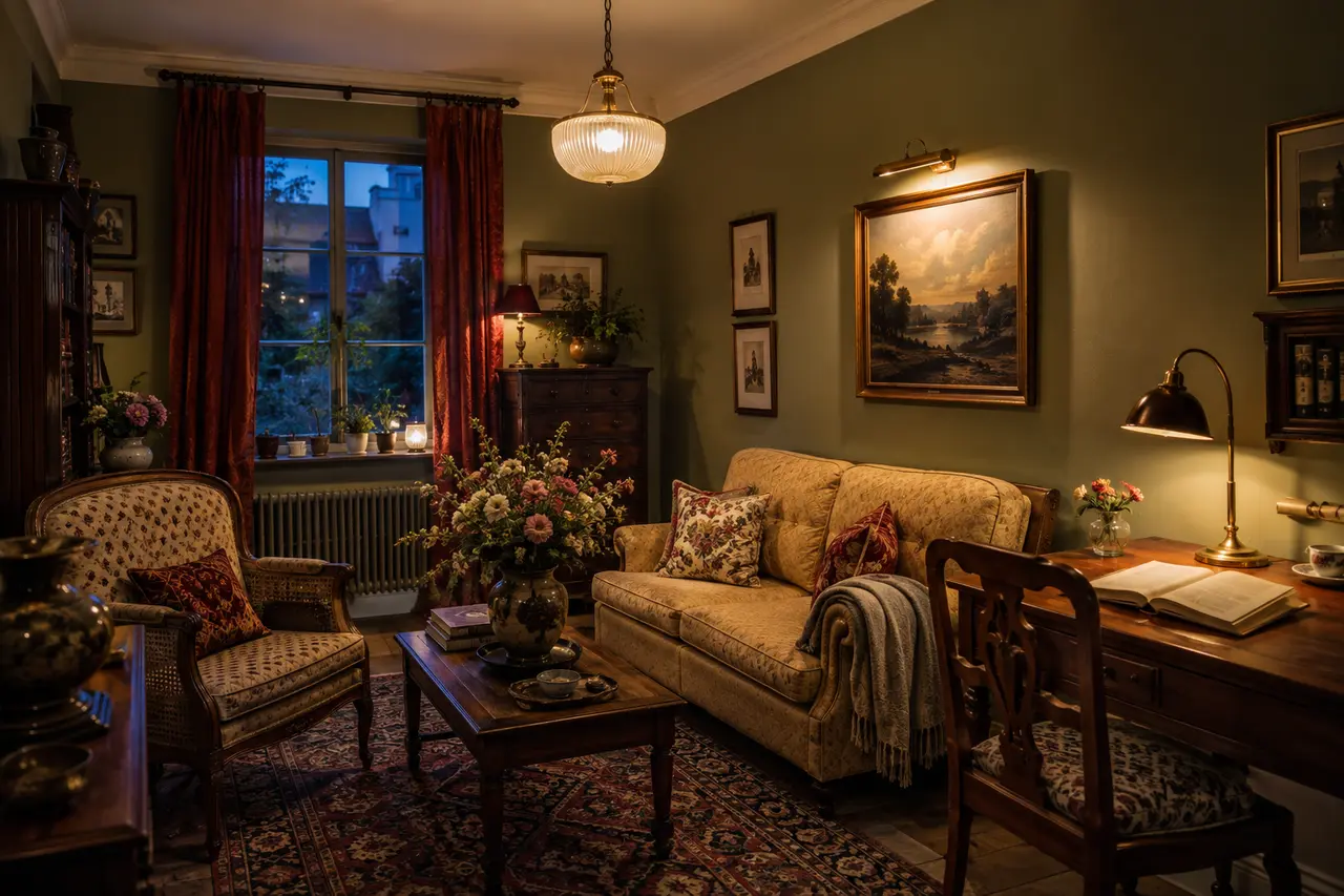 Klassisches Vintage-Zimmer mit Deckenleuchte, Schreibtischlampe und beleuchtetem Wandbild