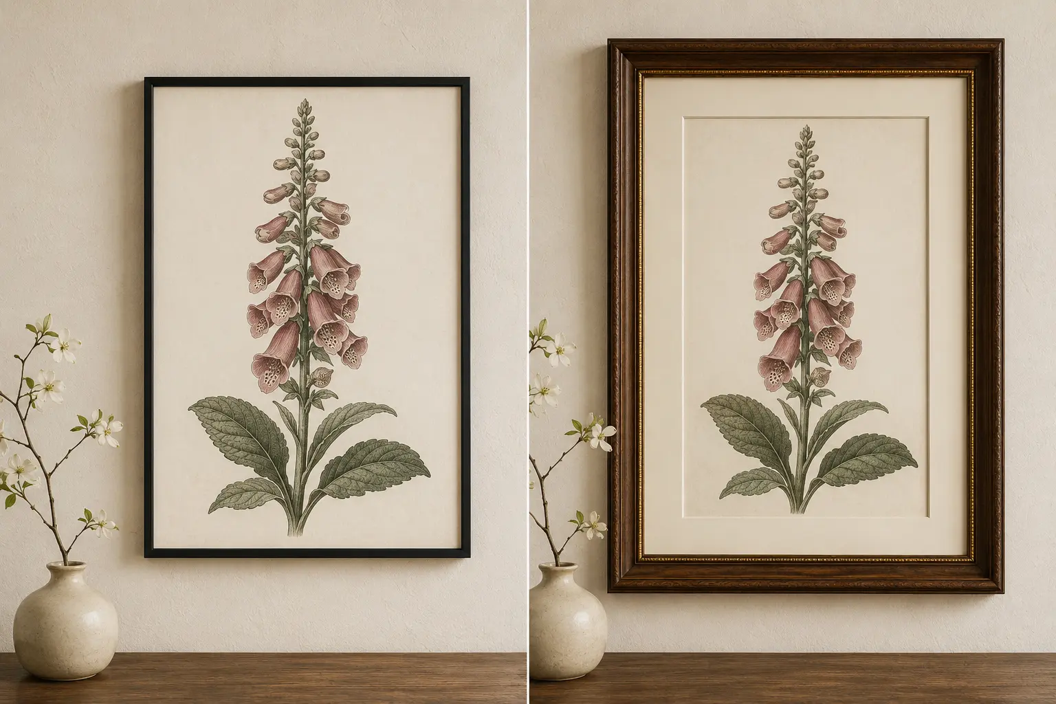Derselbe botanische Druck in einem einfachen Kunststoffrahmen und einem edlen Vintage-Holzrahmen
