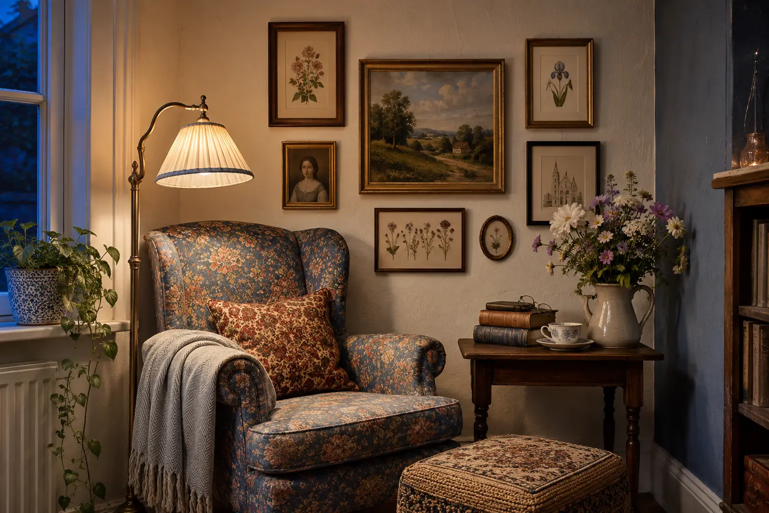 Kleine Bilderwand in einer gemütlichen Leseecke im English-Cottage-Stil